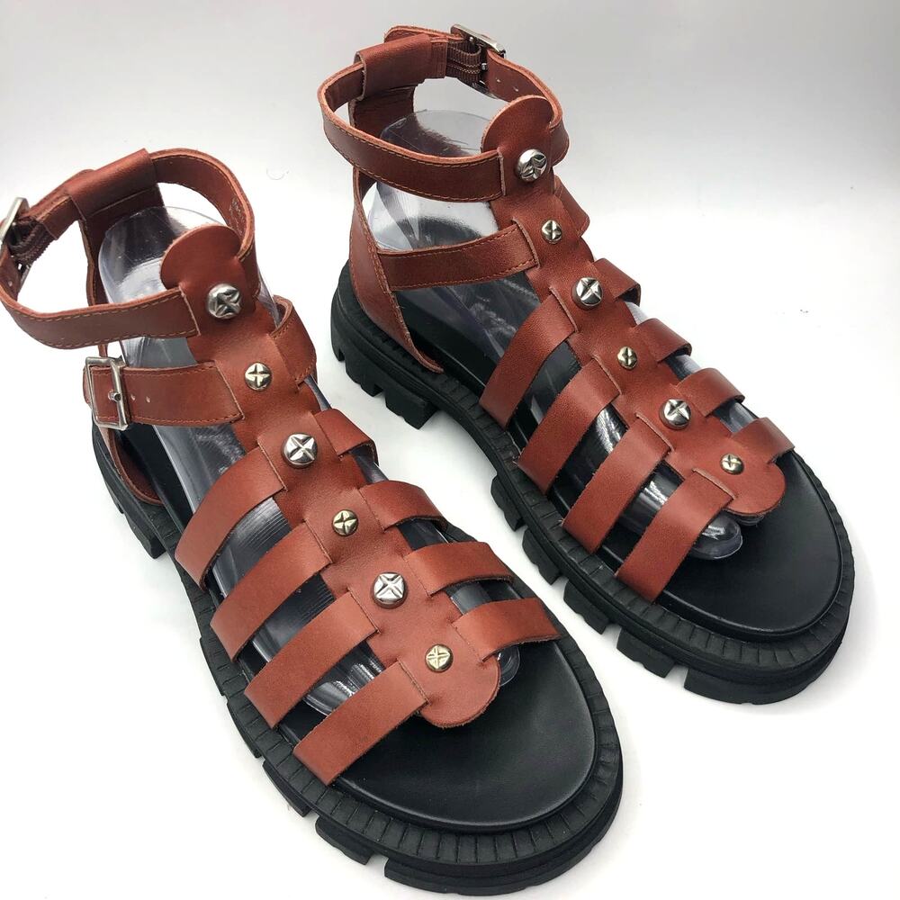 Free People Womens Hadley Hammered Stud Sandals Brown Size 39 US 9 - Picture 2 of 10